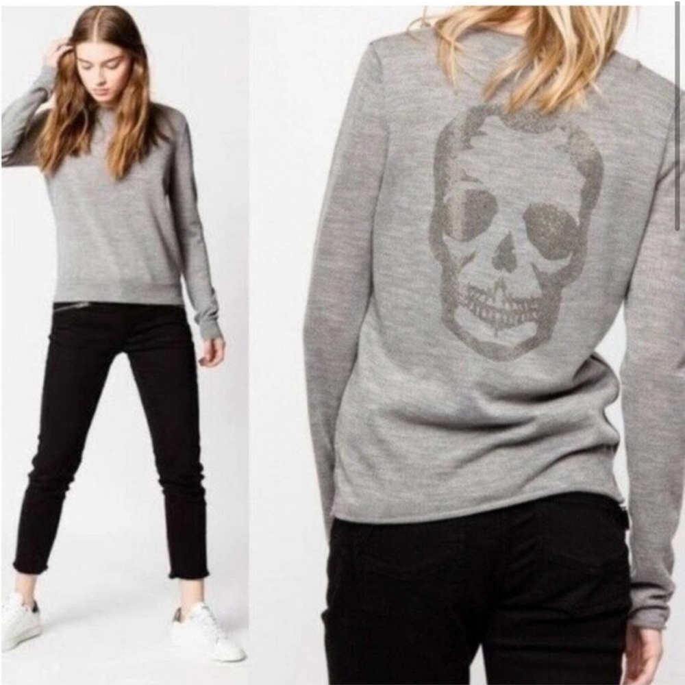 Zadig & Voltaire Miss M Scull Camouflage Studs Gray Merino Wool Sweater size M